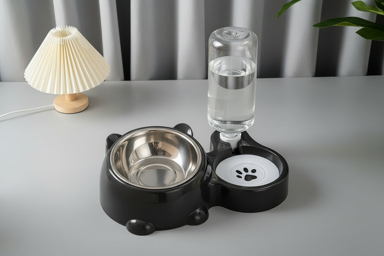 Ciotola Doppia per Animali con Distributore d’Acqua Inox